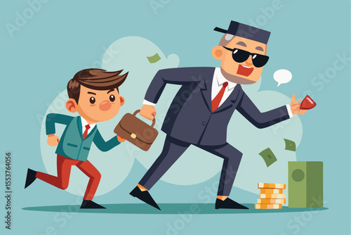 Greedy businessmen exploit small business owners while stealing money in a modern corporate setting