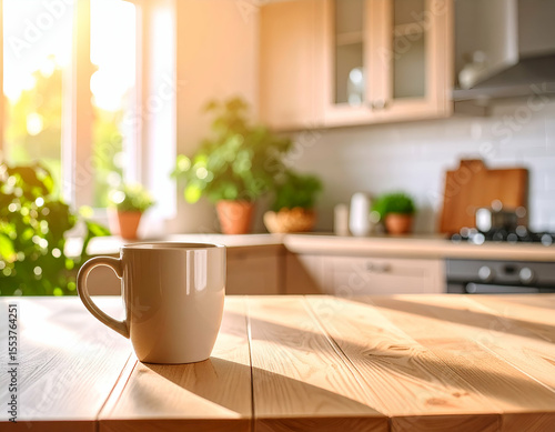 Wallpaper Mural White Mug on Wooden Kitchen Table in Sunlight Torontodigital.ca
