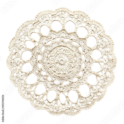 Intricate handmade cream colored lace doily with circular floral patterns and openwork design isolated on transparent background