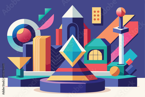 Dynamic geometric abstract sculpture in a colorful modern art installation featuring various shapes and forms