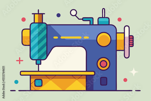 Flat sewing machine design featuring geometric shapes and vibrant colors ideal for crafting enthusiasts and creative projects
