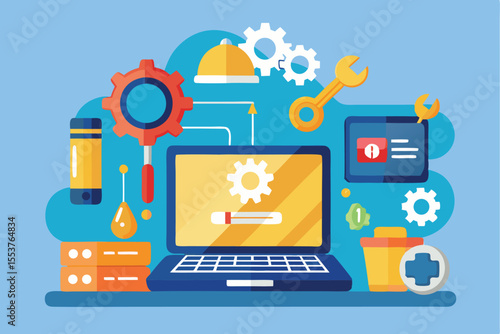 Laptop troubleshooting service concept featuring tools, gears, and a loading screen showcasing repair and maintenance activities in a digital setting