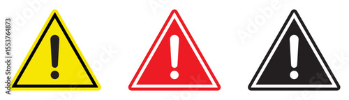 Attention icon set. Safety notice sign. Danger sign, warning sign. Triangle with exclamation mark sign. 