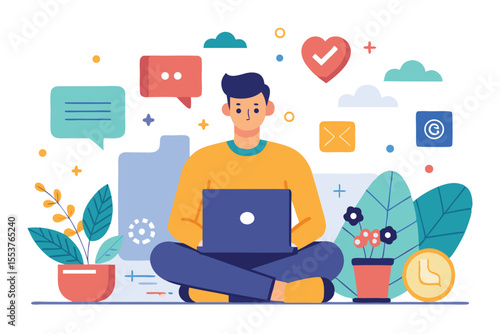 Engaging in social media interaction from a cozy indoor space with plants and digital elements highlighting online communication