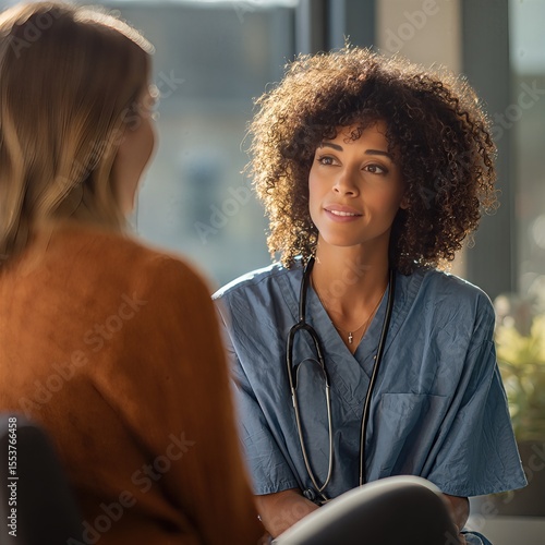 Black female doctor counseling a white female patient in a calm, private consultation room