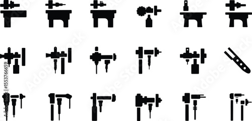Silhouette Set of Industrial Drilling and Machining Tools Icons, vector illustration