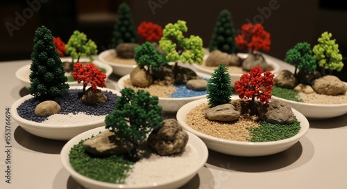 Miniature Zen Gardens: Colorful Artificial Trees and Stones in White Bowls