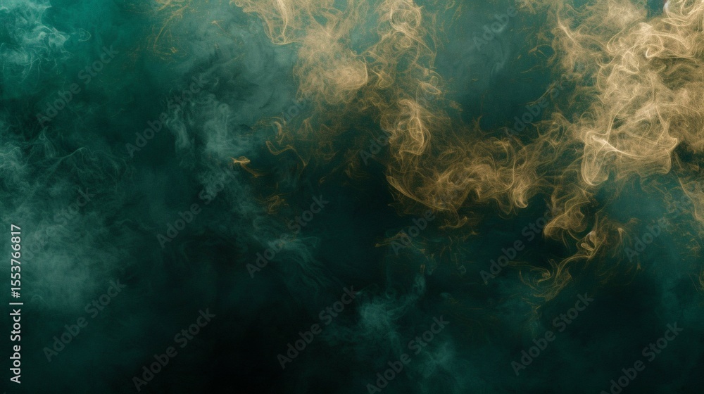 Fototapeta premium Emerald Green and Gold Swirls: Abstract Ink Cloud Background