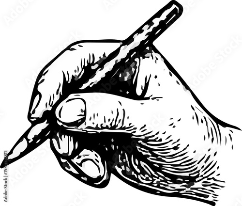 Realistic black-and-white illustration of a human hand gripping a pencil in writing position, detailed with fine linework and shading—ideal for drawing references or educational purposes