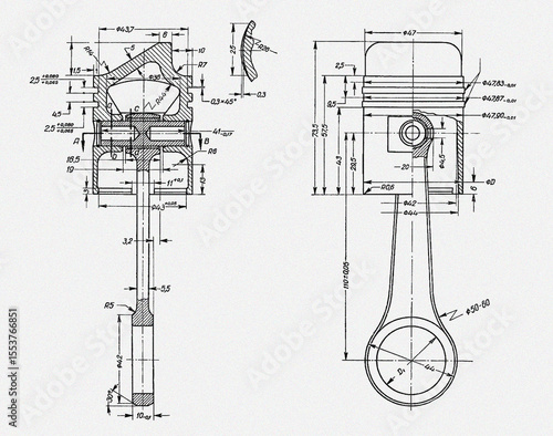 Piston and connecting rod of motorcycle, car engine.
Engineering mechanical drawing. Technical machine
computer cad scheme. 
Technology mechanic design with dimension line 
on white paper sheet.