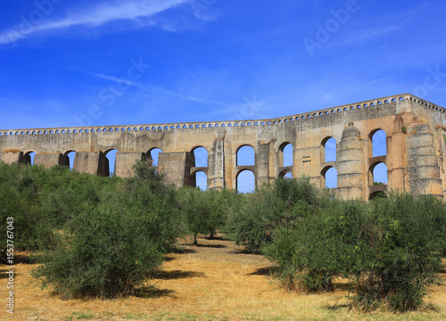 Portugal, Alentejo region, Elvas. The 16th Century Amoreira Aqueduct with an olive grove in the foreground. The Garrison Border Town of Elvas and its Fortifications is a UNESCO World Heritage site.