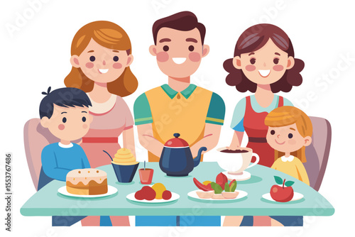 Joyful family gathering around the dining table enjoying dessert and beverages during a sunny afternoon at home