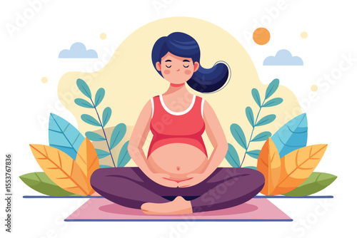 Pregnant woman practicing prenatal yoga for relaxation and well-being in a serene outdoor setting during her third trimester