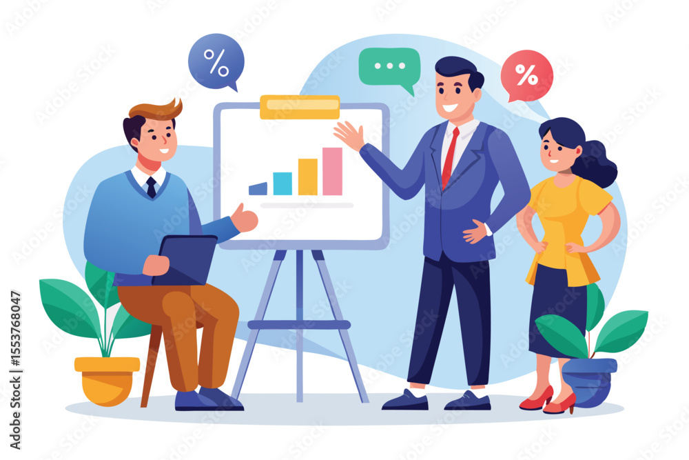 Obraz premium Business coaching session with engaged participants discussing strategies and growth in a cartoon style illustration