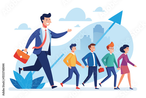 Businessman leads team members towards success in a dynamic cityscape setting during a productive workday