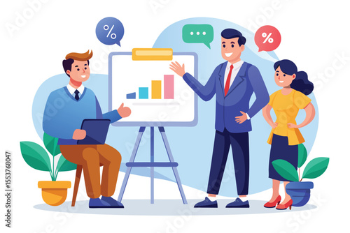Business coaching session with engaged participants discussing strategies and growth in a cartoon style illustration