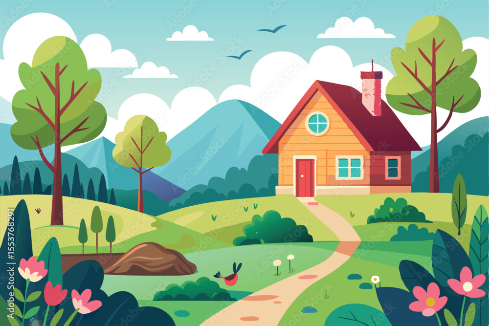 Fototapeta premium Spring countryside landscape featuring a cozy house, vibrant trees, and blooming flowers amidst green hills and mountains in the background