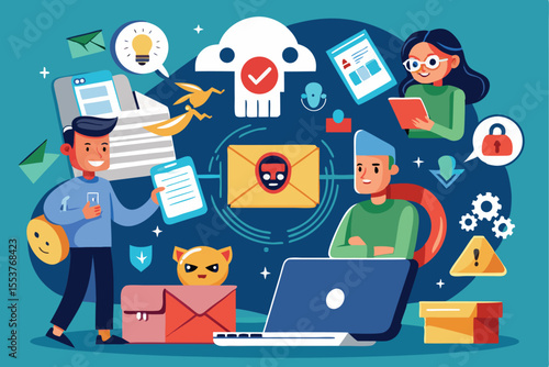 Cyber crime characters discussing personal data breaches and unauthorized access during a digital security awareness event