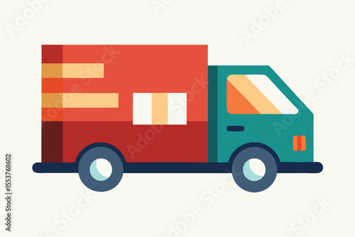Flat geometric delivery truck design with vibrant colors and simple shapes, showcasing cargo logistics in a minimal style