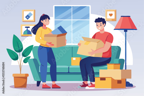 Young couple enjoys unpacking boxes together in their cozy living room while settling into a new home, sharing smiles and excitement