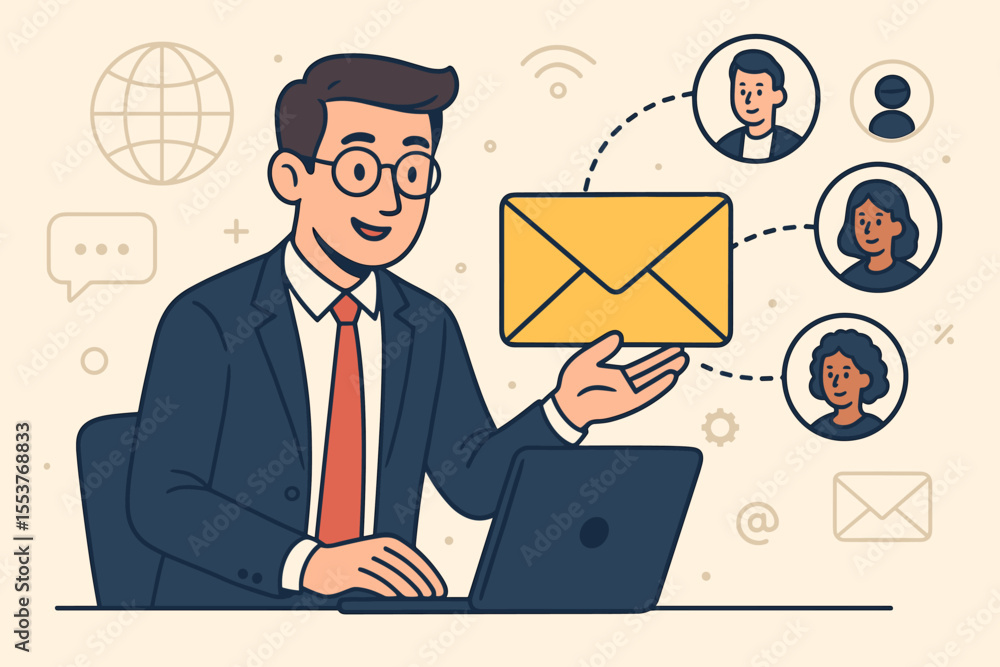 Email marketing campaign concept. Businessman sending newsletter from laptop. Digital communication for customer outreach. Corporate manager connecting with client network. Vector illustration. Email marketing campaign concept. Businessman sending newsletter from laptop. Digital communication for customer outreach. Corporate manager connecting with client network. Vector illustration.