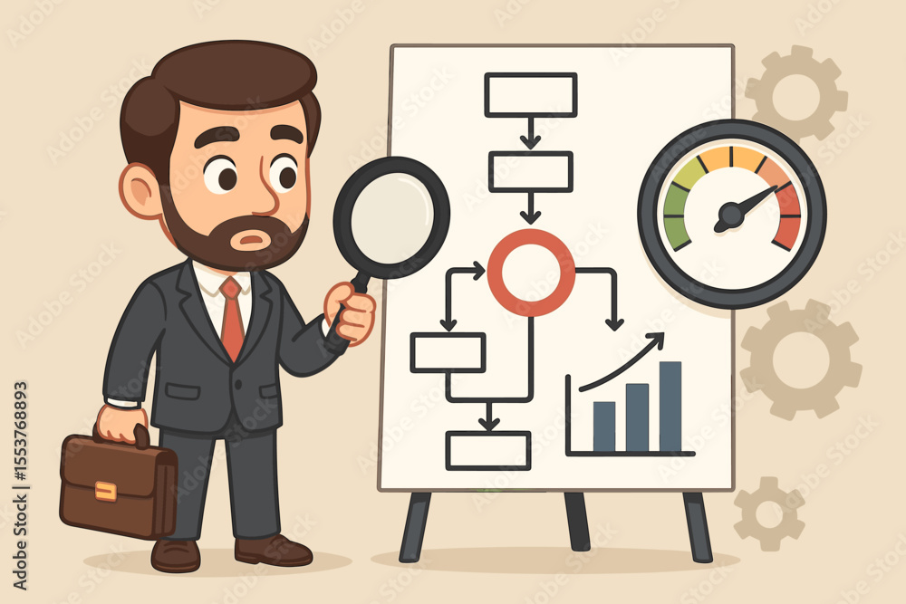 Cartoon businessman analyzing workflow bottlenecks with magnifying glass, flowchart, performance gauge, and growth chart. Process optimization, efficiency, productivity, system improvement concept Cartoon businessman analyzing workflow bottlenecks with magnifying glass, flowchart, performance gauge, and growth chart. Process optimization, efficiency, productivity, system improvement concept
