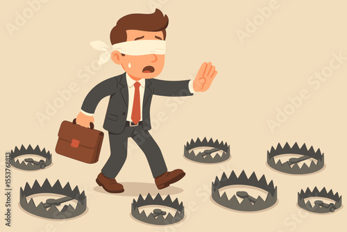 Blindfolded businessman avoiding bear traps. Metaphor for corporate risk management, business uncertainty, investment danger, and facing challenges and obstacles in career path.