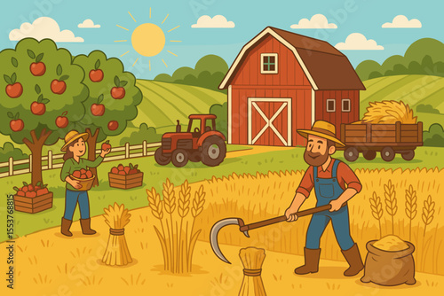 Farmers harvesting on an organic farm. Man with scythe reaps wheat, woman picks apples in orchard. Rural landscape with red barn and tractor. Agricultural vector illustration.