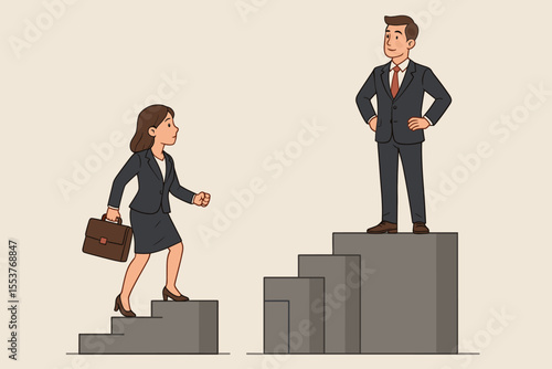 Business gender inequality concept. Businessman has a career advantage over a businesswoman on separate stairs. Metaphor for the glass ceiling, corporate disparity, and sexism. Vector.