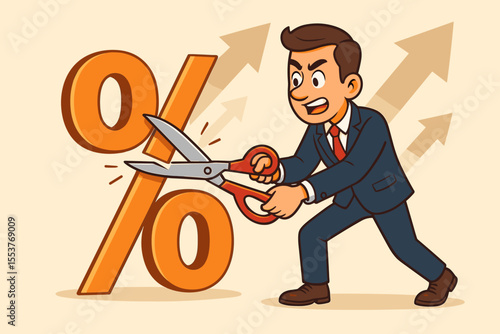 Businessman cutting large percentage symbol with scissors, reducing interest rates, lowering inflation, financial savings, economic growth, cost reduction, cartoon vector illustration