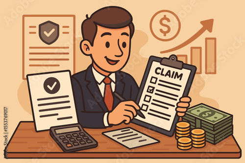 Businessman filling insurance claim form at desk, financial compensation, corporate reimbursement, policy approval, money management, cartoon vector illustration, finance office concept