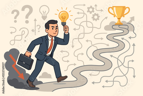 Businessman solving problems, finding solutions, overcoming crisis, making rational decisions. Complex path to success, leadership, innovation, business strategy. Vector illustration concept