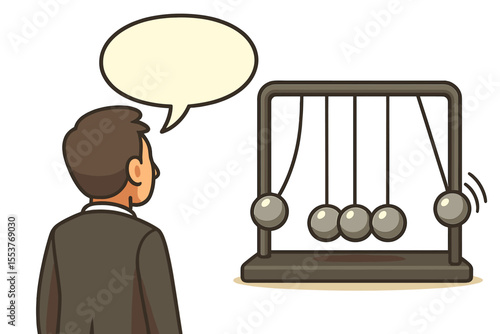 Businessman observing Newton’s cradle with speech bubble, concept metaphor for communication impact, cause and effect, leadership influence, decision making, business discussion vector illustration