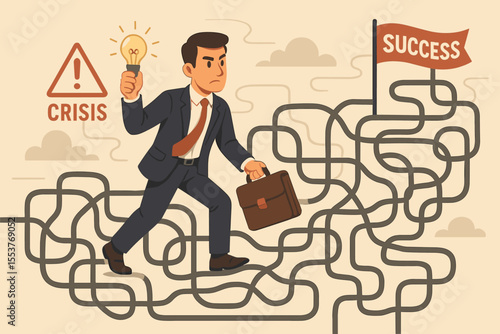 Businessman finding solutions navigating crisis, overcoming challenges, complex maze to success, leadership, innovation, decision making, business strategy, vector illustration, career growth