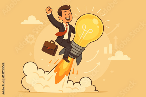 Ambitious businessman riding rocket lightbulb, symbolizing innovative startup launch, creativity, business growth, leadership, success, entrepreneurship, motivation, and breakthrough ideas concept