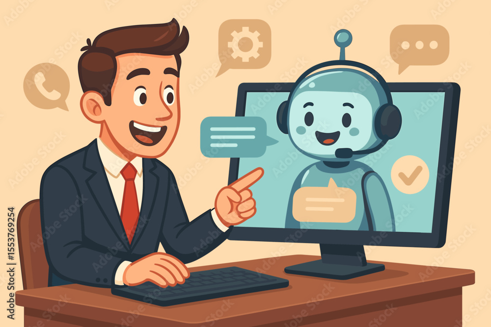 Businessman interacting with AI chatbot on computer, customer service support, virtual assistant communication, technology consultation, cartoon vector office illustration, digital workspace Businessman interacting with AI chatbot on computer, customer service support, virtual assistant communication, technology consultation, cartoon vector office illustration, digital workspace