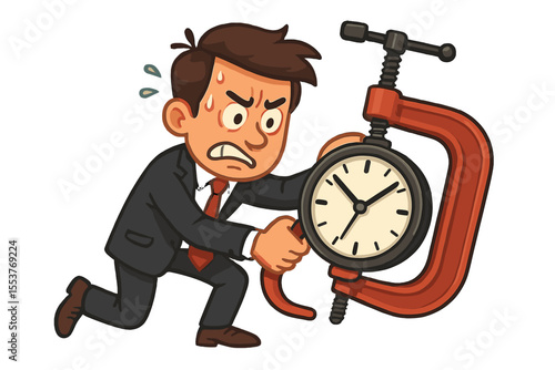 Stressed businessman squeezing clock in vise, time pressure, deadline anxiety, urgent time management, business stress, cartoon vector, overwhelmed office worker, productivity crisis