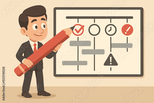 Cartoon businessman tracking project milestones and deadlines with oversized pencil. Vector illustration of workflow management, task planning, timeline, checklist, productivity, business strategy