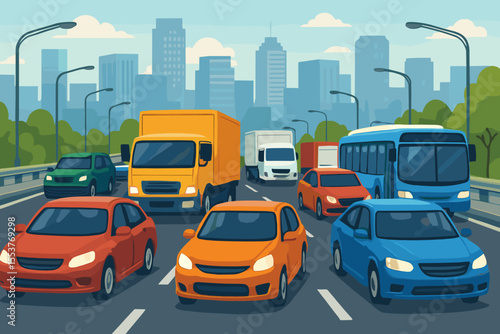 Urban traffic congestion on busy highway with cars, trucks, buses commuting in modern city. Cartoon vector illustration of rush hour, transportation, street vehicles, cityscape, road infrastructure