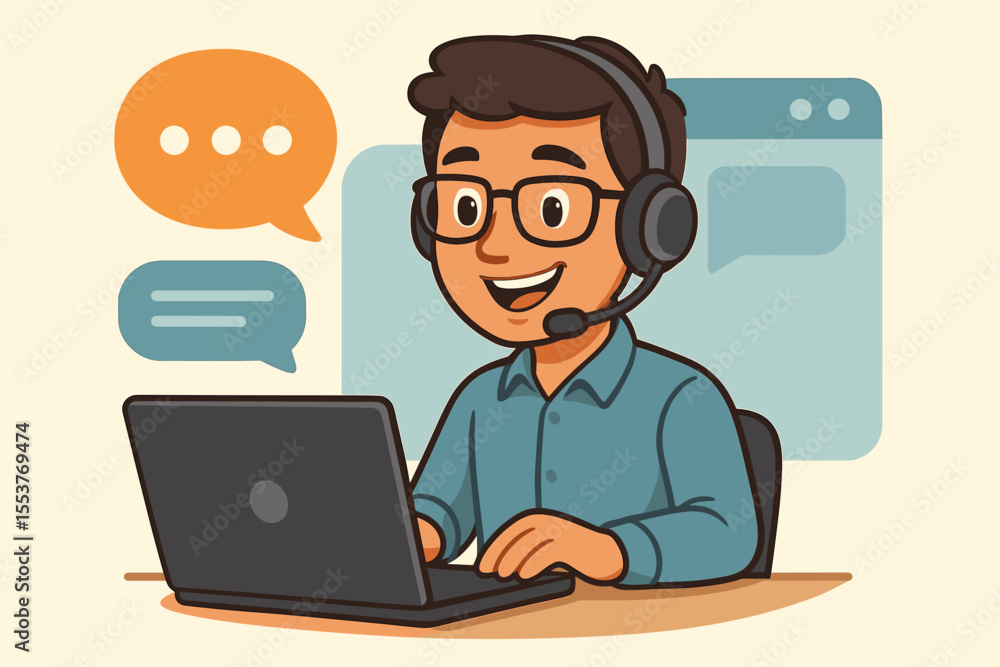 Customer support representative at laptop with headset, online chat assistance, digital communication, remote help desk, cartoon vector illustration, tech support, messaging interface concept Customer support representative at laptop with headset, online chat assistance, digital communication, remote help desk, cartoon vector illustration, tech support, messaging interface concept
