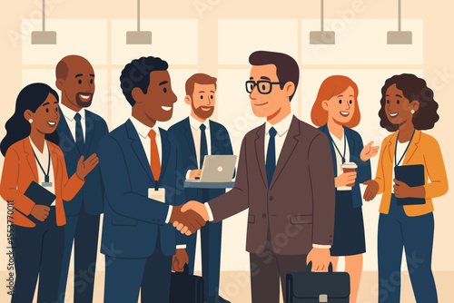 Diverse business professionals networking at corporate conference event. Teamwork, collaboration, handshake, communication, partnership, business meeting, office environment, vector illustration