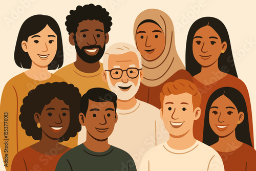 Diverse Group of Multiethnic and Multiracial People Smiling Together, Global Community, Inclusion, Unity, Friendship, Teamwork, Diversity Concept, Vector Cartoon Illustration