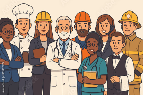 Diverse Team of Professionals in Uniforms. Cartoon Vector Illustration of Doctor, Nurse, Chef, Engineer, Businessperson, Waiter, Firefighter, Construction Worker. Occupation Diversity Concept