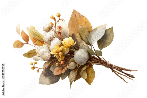 PNG Dried autumn bouquet of leaves and flowers with cotton pods on black background