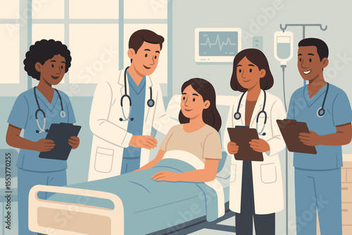 Diverse medical team doctors nurses providing patient care hospital room. Healthcare professionals teamwork, patient consultation, modern clinical setting, stethoscopes, clipboards, IV, monitoring.