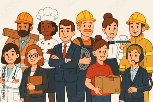 Diverse group of cartoon professionals in various occupations. Doctor, businesswoman, construction worker, chef, engineer, waiter, delivery, firefighter, teamwork, career concept vector illustration
