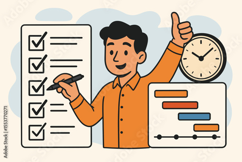 Project Management Success Concept. Productivity, Task Completion, Checklist, Timeline, Gantt Chart, Time Management, Goal Achievement, Planning, Organization, Business Efficiency Vector Illustration