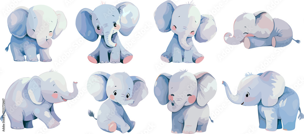 Fototapeta premium Cute baby elephant set. Watercolor vector baby shower decoration with adorable animal in various poses, sleeping, standing, sitting