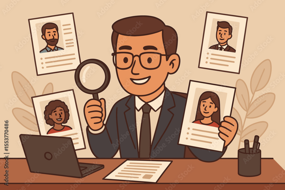 Recruitment process concept with HR manager searching for job candidates with a magnifying glass. Headhunter reviewing CV resume profiles. Hiring and personnel selection illustration. Recruitment process concept with HR manager searching for job candidates with a magnifying glass. Headhunter reviewing CV resume profiles. Hiring and personnel selection illustration.