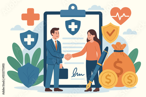 Healthcare insurance and employee benefits agreement illustration. Vector cartoon. Business partners shaking hands over medical policy. Financial security.